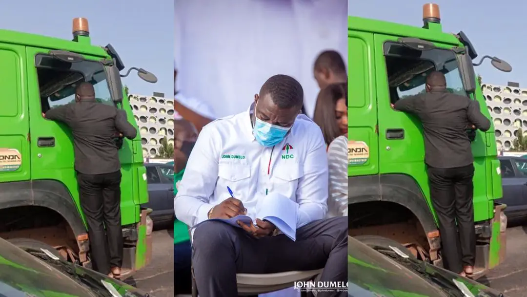 John Dumelo recklessly climbs onto a moving articulated truck to campaign