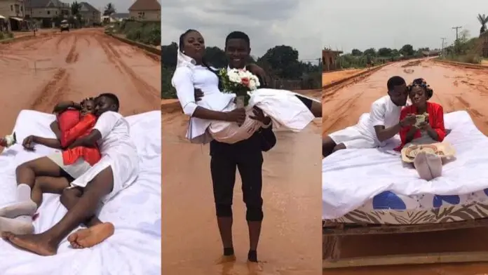 Wonder: Couple hold the most romantic honeymoon ever on muddy road [Photos]