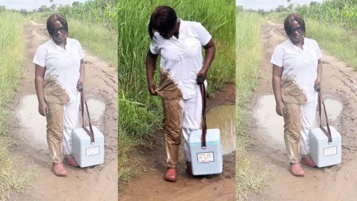 Disappointed health professional shares photos of how she got soaked with mud on her way to duty due to bad roads 