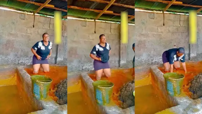 Lady who produces Palm Oil for mass consumption spotted twërkïng inside her production pit; netizens react [Video]